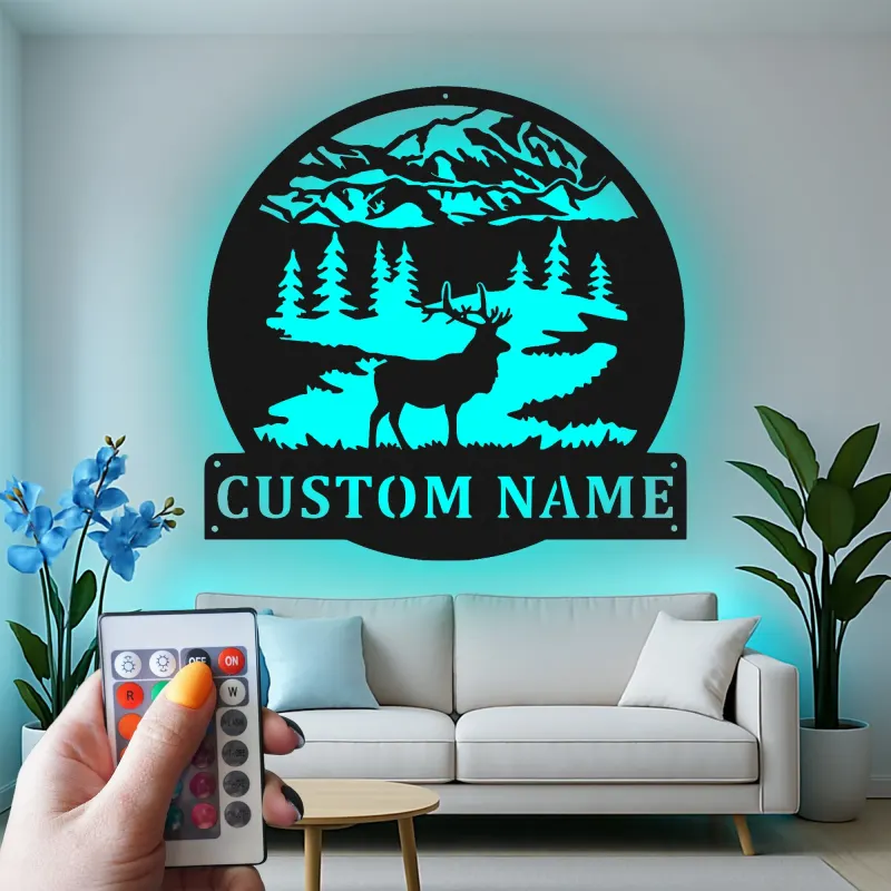 Insegna in metallo personalizzata con luce LED a forma di cervo - Regalo per amanti della natura per cabine o lodge