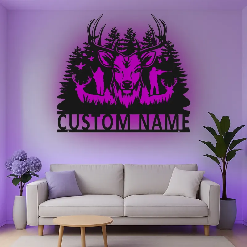 Cartel de metal LED de cazador de ciervos, regalo personalizado para cazadores, decoración rústica de cabaña