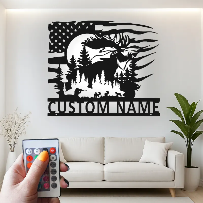Insegna in metallo personalizzata con alce | Arte da parete faunistica LED con bandiera americana | Decorazione e regalo per cabin di cacciatori