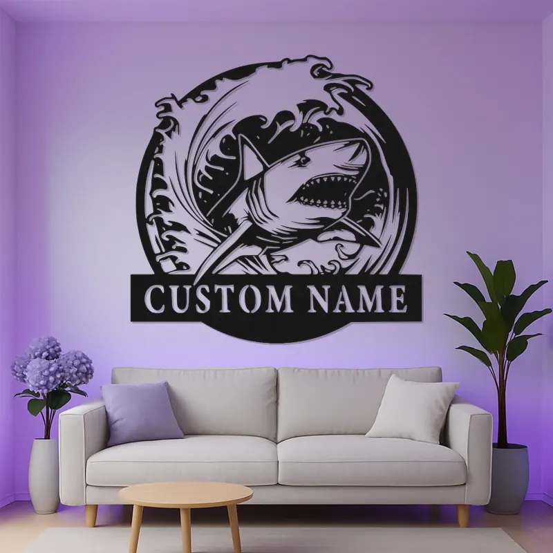 Arte da parete in metallo con squalo bianco | Insegna LED personalizzata per ufficio e taverna | Decorazione su misura con onda oceanica | Regalo marino e nautico