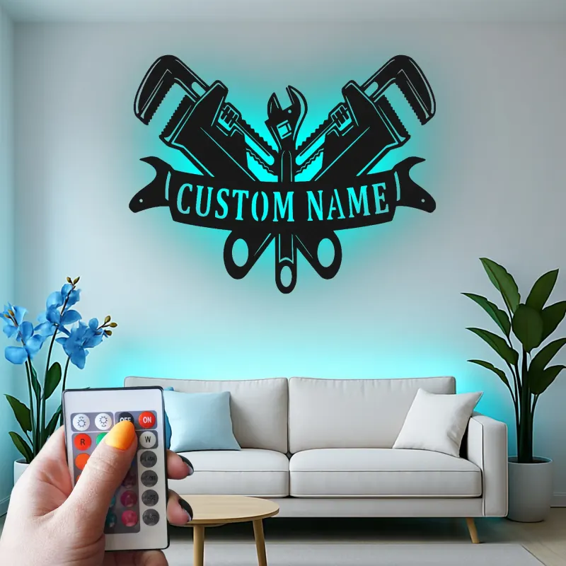 Custom Plumber LED Sign | Personalized Metal Tool Art | Workshop & Garage Decor | Pipe Wrench Wall Light