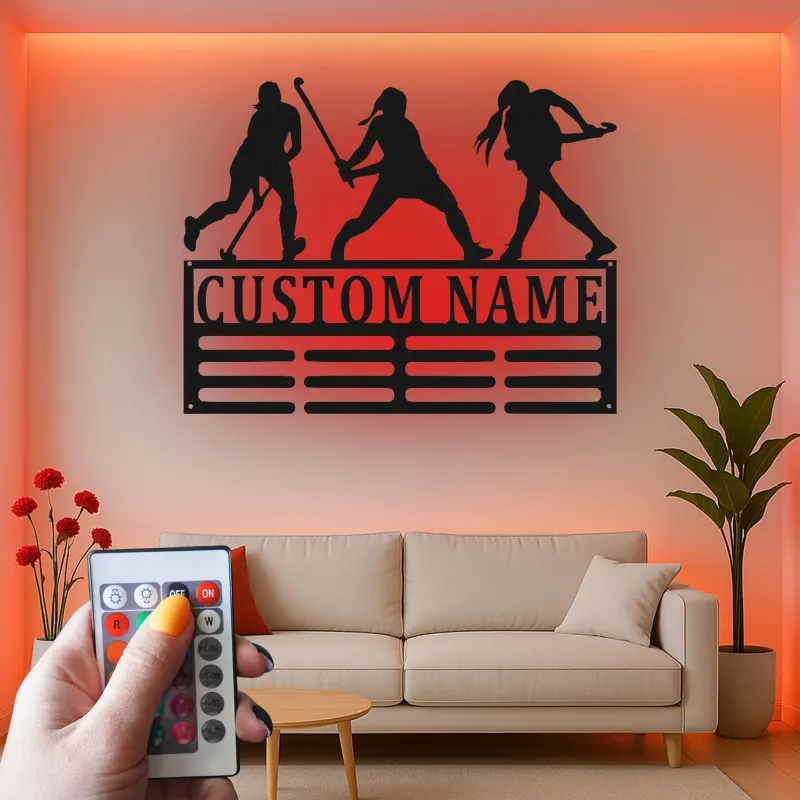 Insegna LED personalizzata per hockey su prato | Insegna da parete in metallo con nome su misura | Regalo per atleta o squadra | Arredo camera