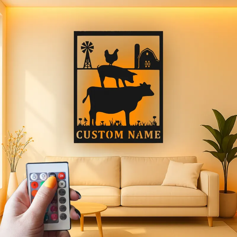 Cartel de metal LED personalizado con silueta de animales de granja, regalo de granja personalizado, decoración rústica de granero