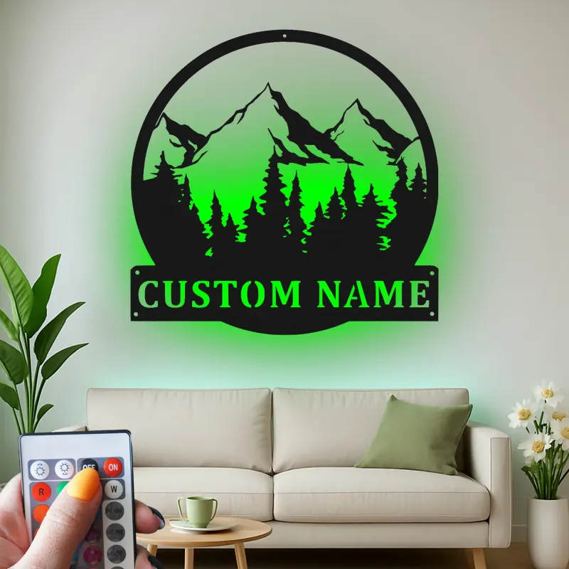 Personalized Mountain Metal Wall Art | LED Backlit Nature Scene for Cabin Decor | Custom Family Name Sign
