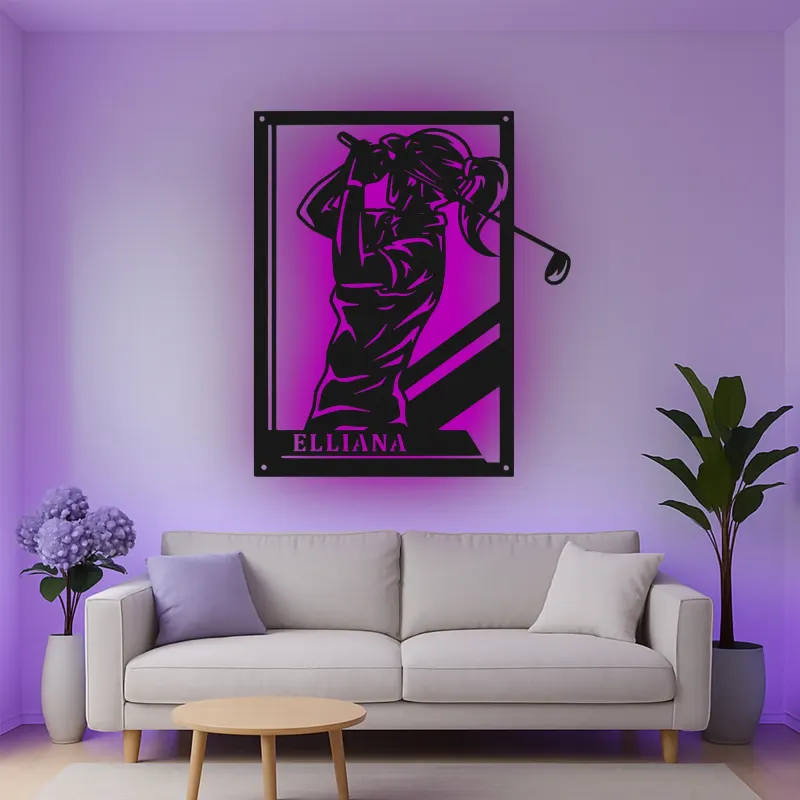Insegna in metallo personalizzata per golfista femminile con luce LED