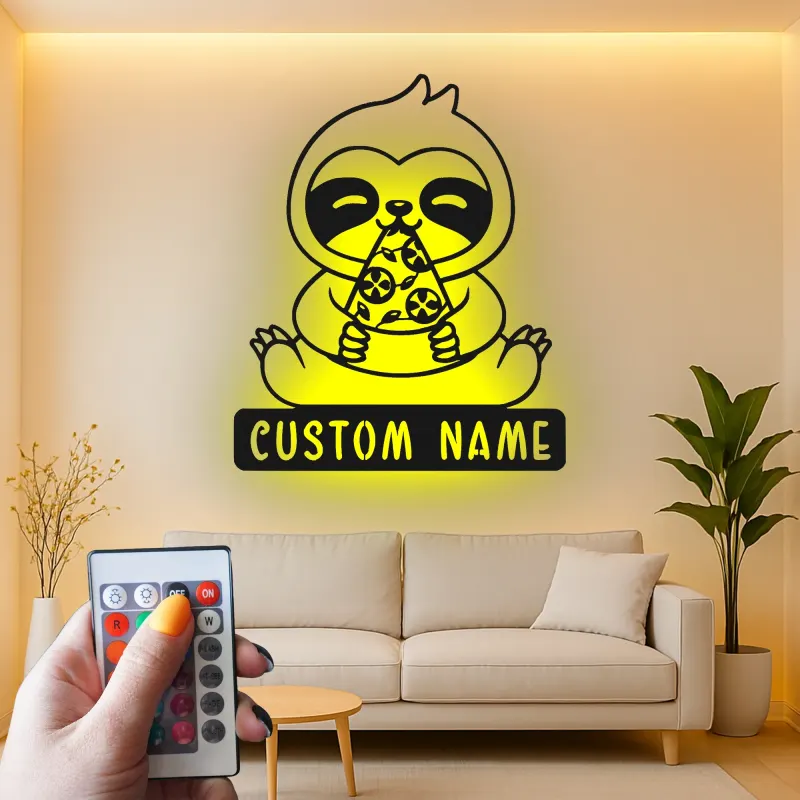 Décoration murale en métal personnalisée avec paresseux mangeant de la pizza et rétroéclairage LED - Cadeau amusant pour les amateurs de pizza