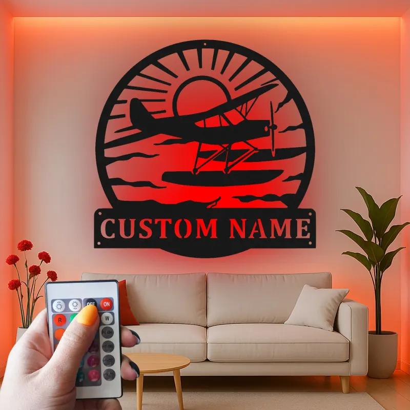 Insegna in metallo per idrovolante personalizzata | Arte murale LED personalizzata | Decorazione per piloti e casa al lago