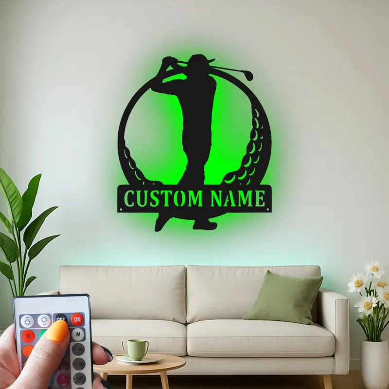Insegna in metallo personalizzata per golfista con LED | Targa nome golf su misura | Decorazione murale per home bar e regalo per papà