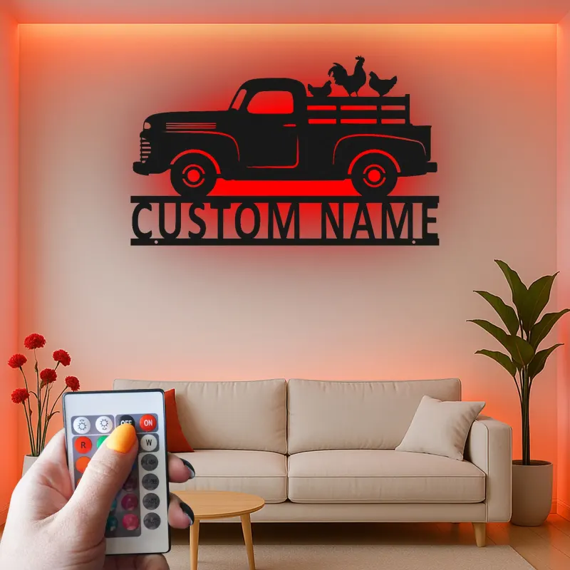 Personalisierter Vintage-Truck mit Hühnern LED-Licht Metall-Wandkunst Bauernhaus Geschenk für Paare Rustikale Küchen-Dekoration