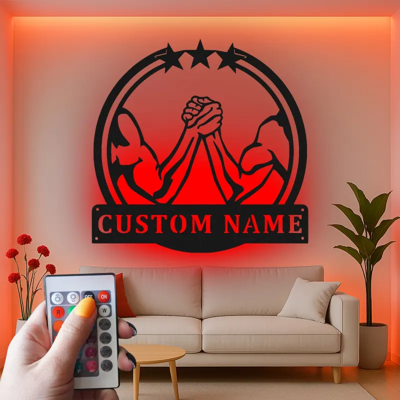Custom Arm Wrestling Led Light Metal Wall Art Personalized Gift for Him Man Cave Decor