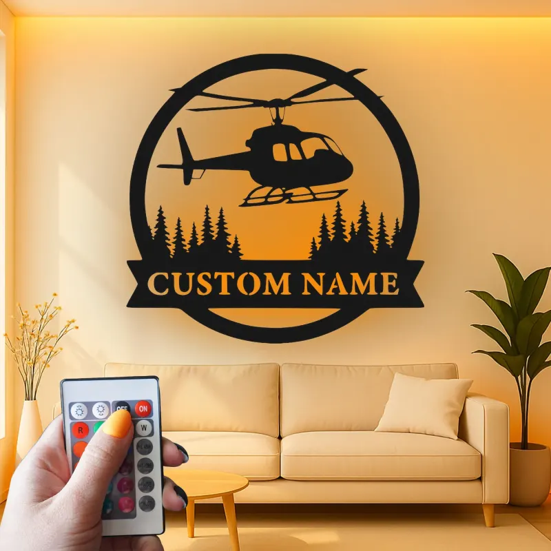 Personalized Helicopter Metal Wall Art | LED Lighted Aviation Decor | Custom Name Sign for Pilot Gift, Office & Man Cave