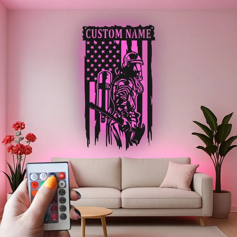 Cartel LED de bombero personalizado | Arte mural de bandera americana | Regalo personalizado para bombero | Decoración de héroe en la pared