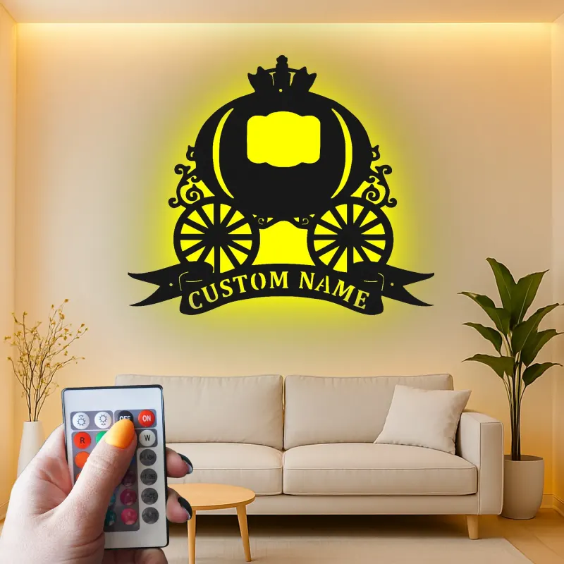Cartel de metal LED de carroza de Cenicienta personalizado, regalo para niños, decoración de guardería de cuento de hadas
