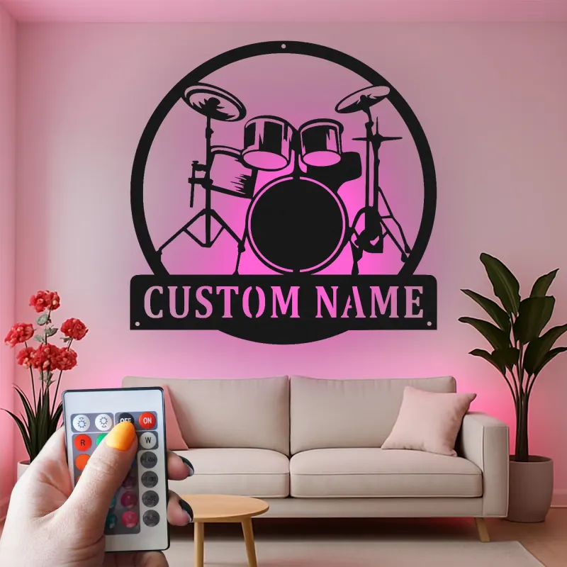 Insegna in metallo LED personalizzata per batteristi - Regalo per musicisti - Decorazione per studio o sala musica 1