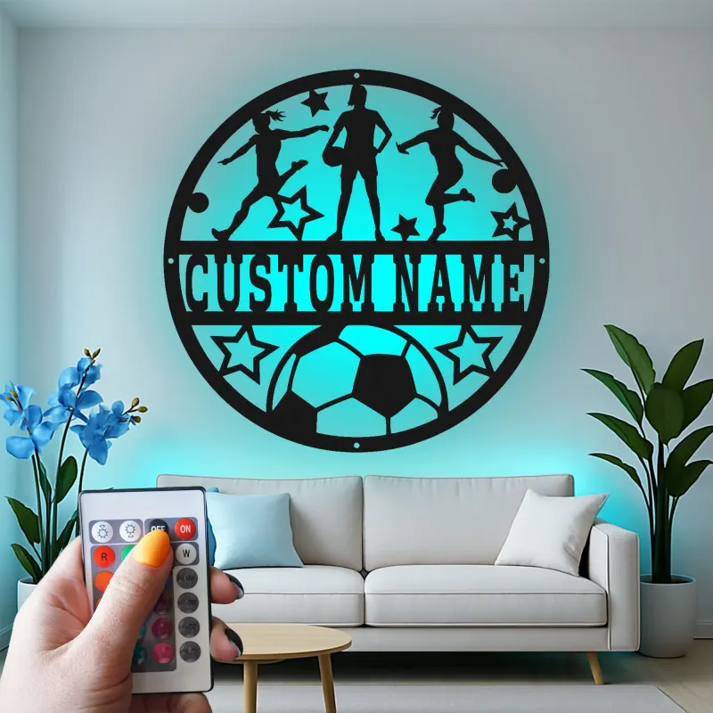 Panneau LED personnalisé pour équipe de football | Décoration murale en métal sur mesure pour filles | Cadeau pour joueuse ou entraîneuse