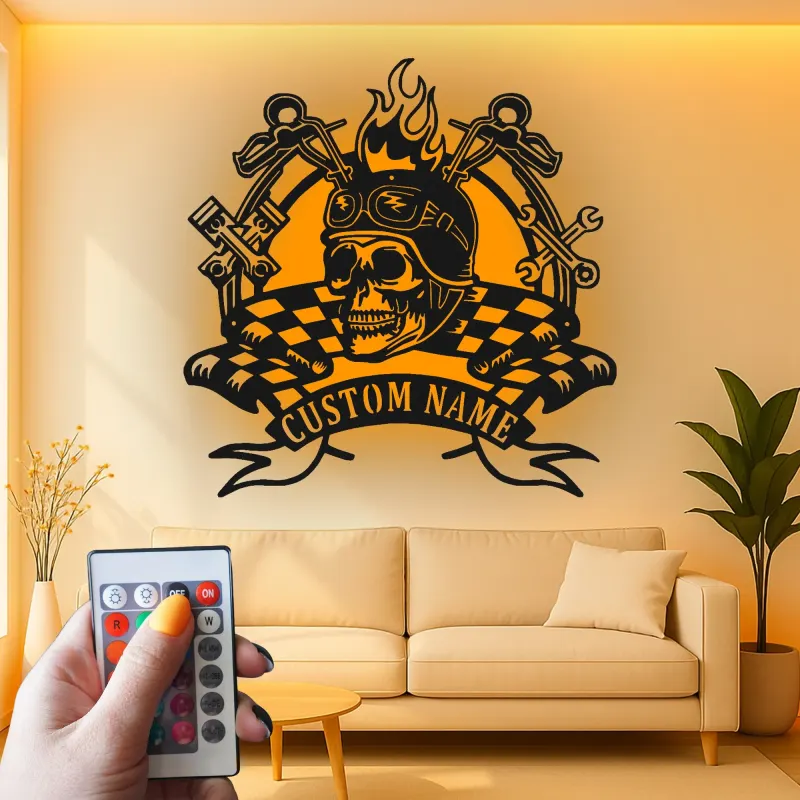 Custom Biker Skull LED Metal Sign | Personalized Motorcycle Wall Art | Garage & Man Cave Decor with Remote