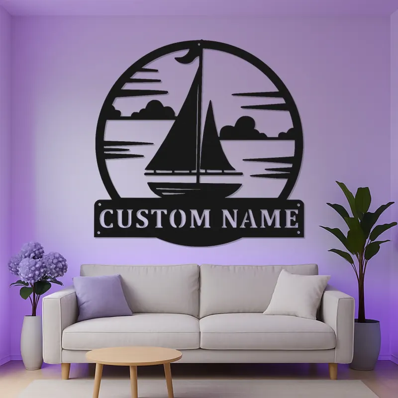 Insegna in metallo personalizzata per veliero | Arte murale LED personalizzata | Targa nautica per casa al lago e decorazioni costiere