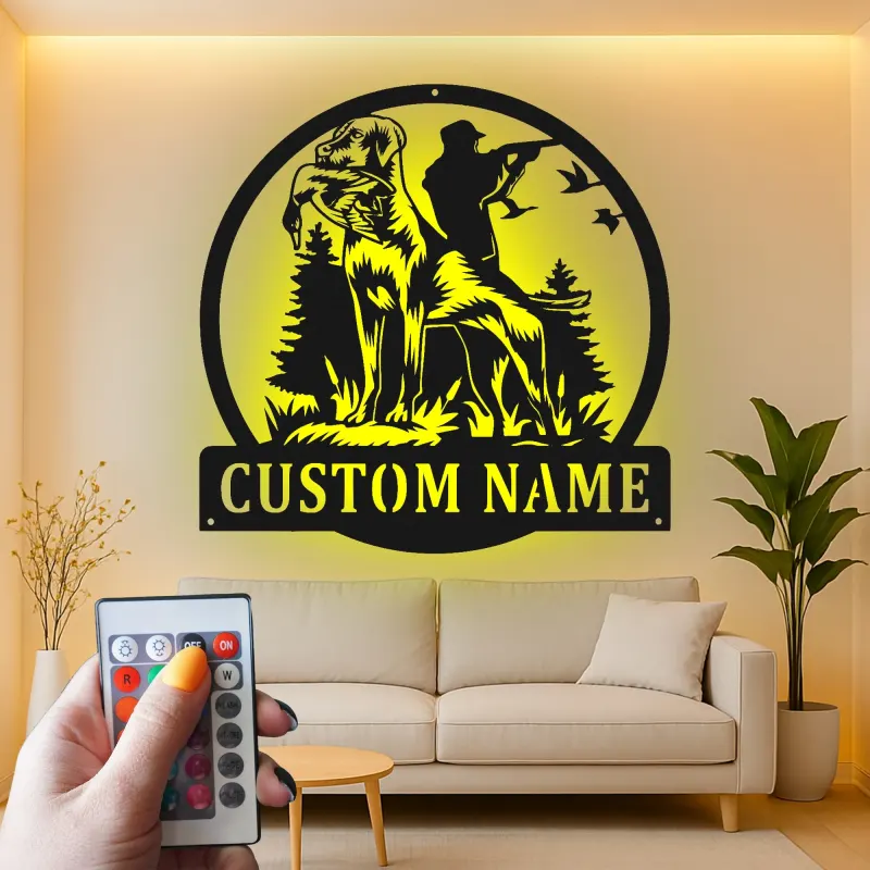 Insegna in metallo personalizzata per cani da caccia | Arte da parete LED Labrador Retriever | Regalo personalizzato per cacciatori per decorare la baita