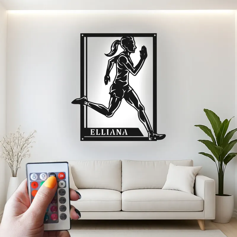 Custom Female Runner Led Light Metal Wall Art Personalized Athlete Gift Sports Room Decor for Running Enthusiasts
