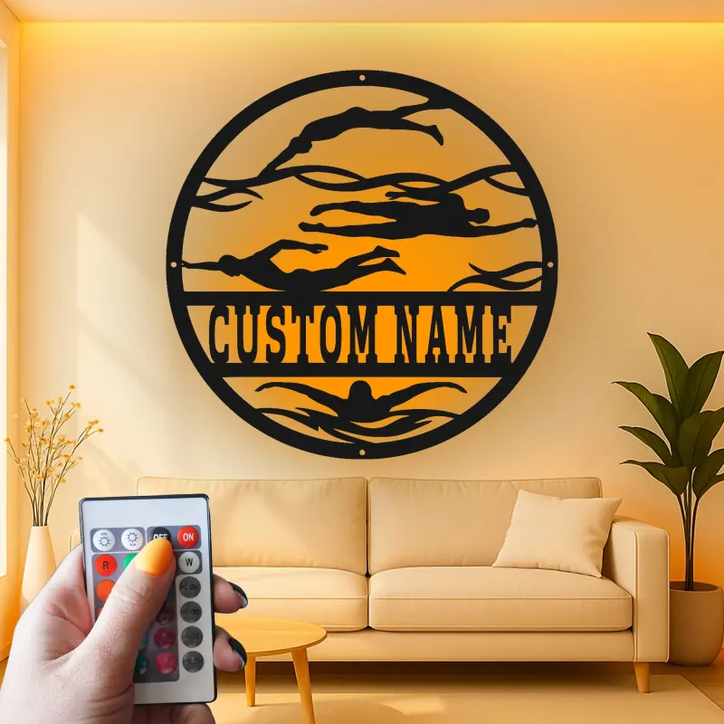 Décoration murale en métal LED personnalisée pour nageurs - Cadeau pour nageurs, décoration de salle de sport ou de piscine