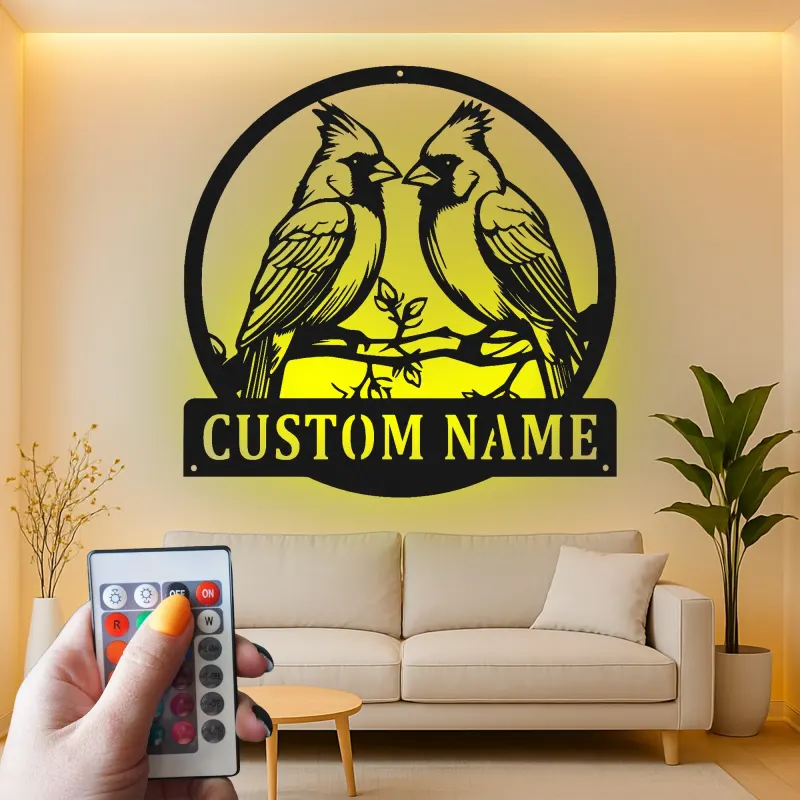 Personalisierte LED-Metall-Wandkunst mit Kardinalpaar – Geschenk für Vogelliebhaber, Naturdeko fürs Wohnzimmer