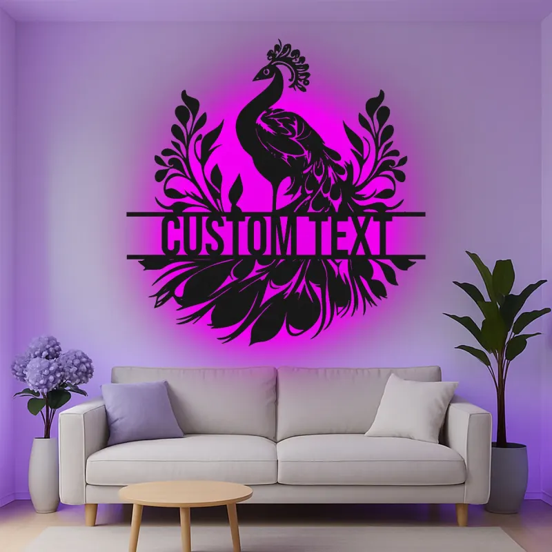 Cartel de metal personalizado con luz LED de pavo real, regalo para decoración del hogar, acento elegante para el salón