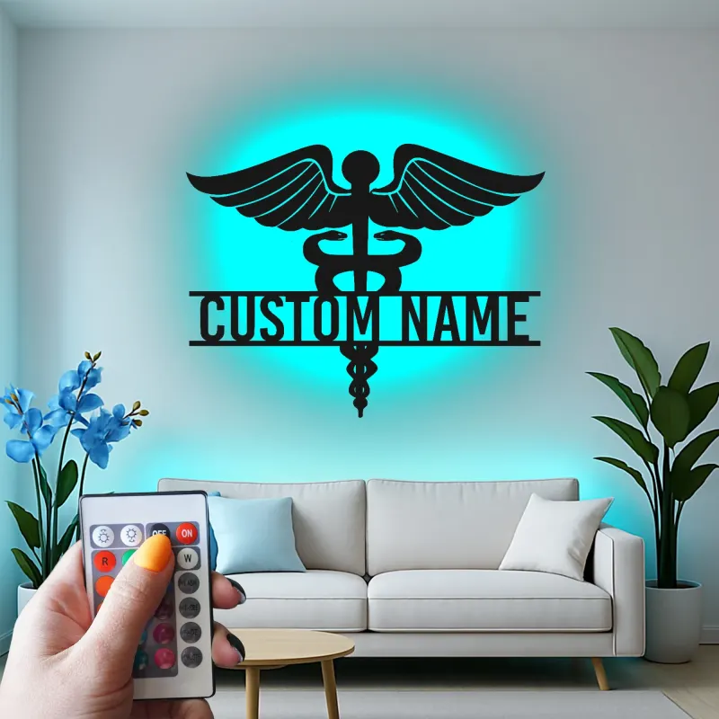 Art mural en métal Caduceus personnalisé | Panneau médical rétroéclairé LED | Décor de bureau de médecin personnalisé | Cadeau pour professionnels de la santé