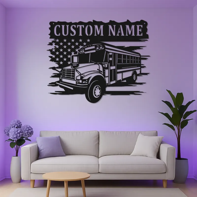 Personalized School Bus Driver LED Sign | American Flag Metal Wall Art | Custom Name Gift for Garage or Office Decor