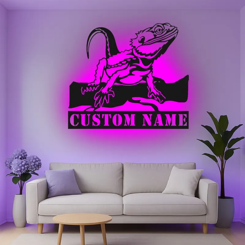 Insegna in metallo personalizzata con drago barbuto e luce LED regalo per amanti dei rettili decorazione per camera da letto o soggiorno