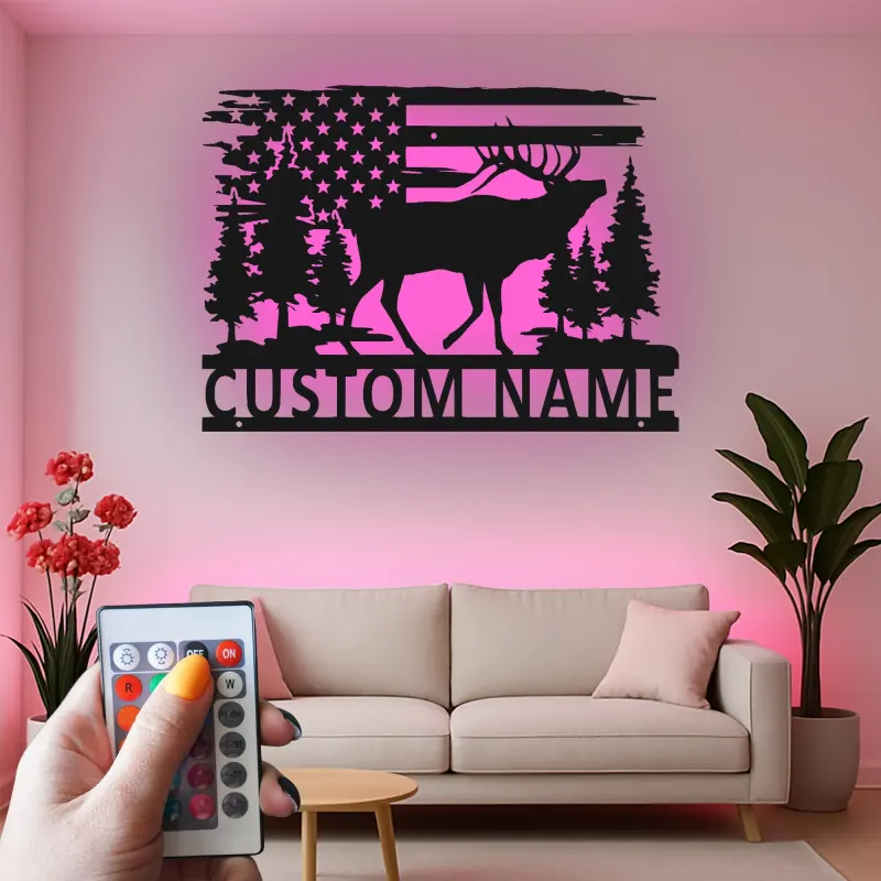 Insegna in metallo personalizzata con luce LED a forma di alce e bandiera americana, regalo per amanti della natura, decorazione per cabine rustiche