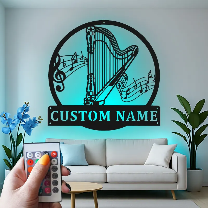 Custom Harp LED Metal Sign | Personalized Musician Wall Art | Music Room Decor & Instrument Studio Gift | Luminous Wall Hanging