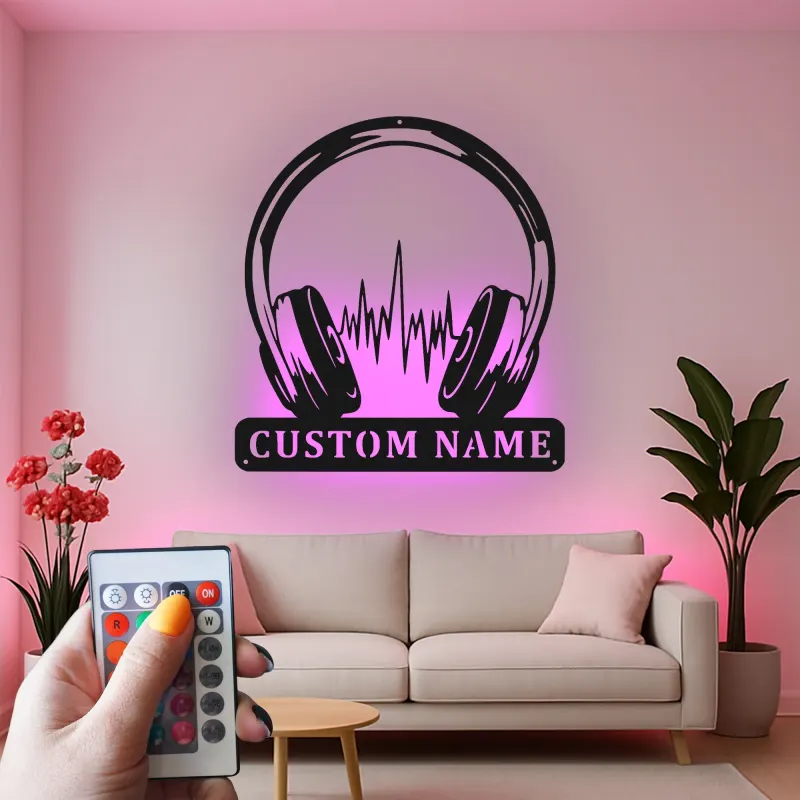 Insegna LED per Cuffie Personalizzata | Insegna in Metallo per Studio DJ | Regalo per Amanti della Musica | Decorazione Soundwave