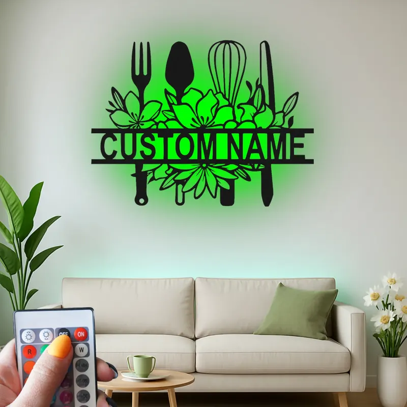 Cartel de cocina personalizado con LED | Arte mural de utensilios de metal floral personalizado | Regalo de decoración de chef para mamá | Decoración de cocina moderna de granja