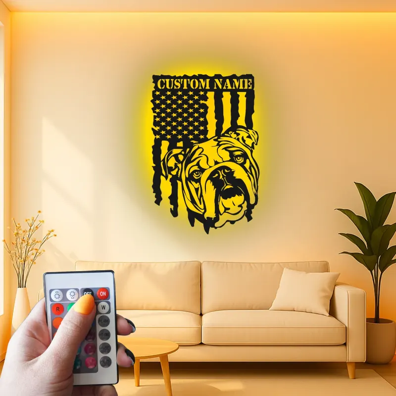 Décoration murale en métal personnalisée avec bulldog et drapeau américain éclairée LED - Cadeau pour amoureux des chiens, décoration intérieure patriotique