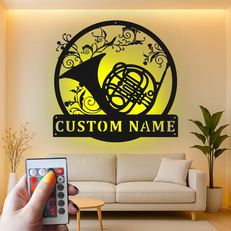 French Horn Metal Wall Art | Personalized LED Sign for Music Room | Custom Musician Name Plaque | Studio Decor Gift