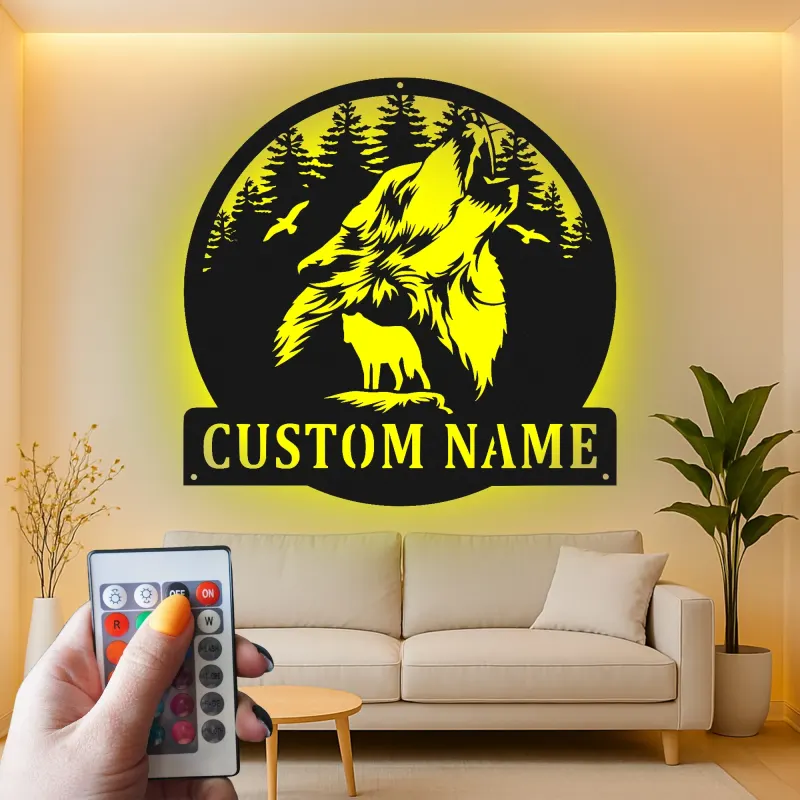 Décoration murale en métal personnalisée de loup hurlant avec rétroéclairage LED - Cadeau personnalisé pour les amoureux de la nature - Décor de cabane rustique