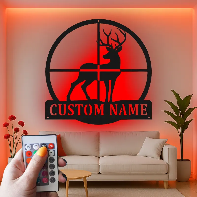 Décoration murale en métal personnalisée pour le cerf avec rétroéclairage LED, cadeau personnalisé pour les chasseurs, décoration de cabane rustique pour les amoureux de la nature