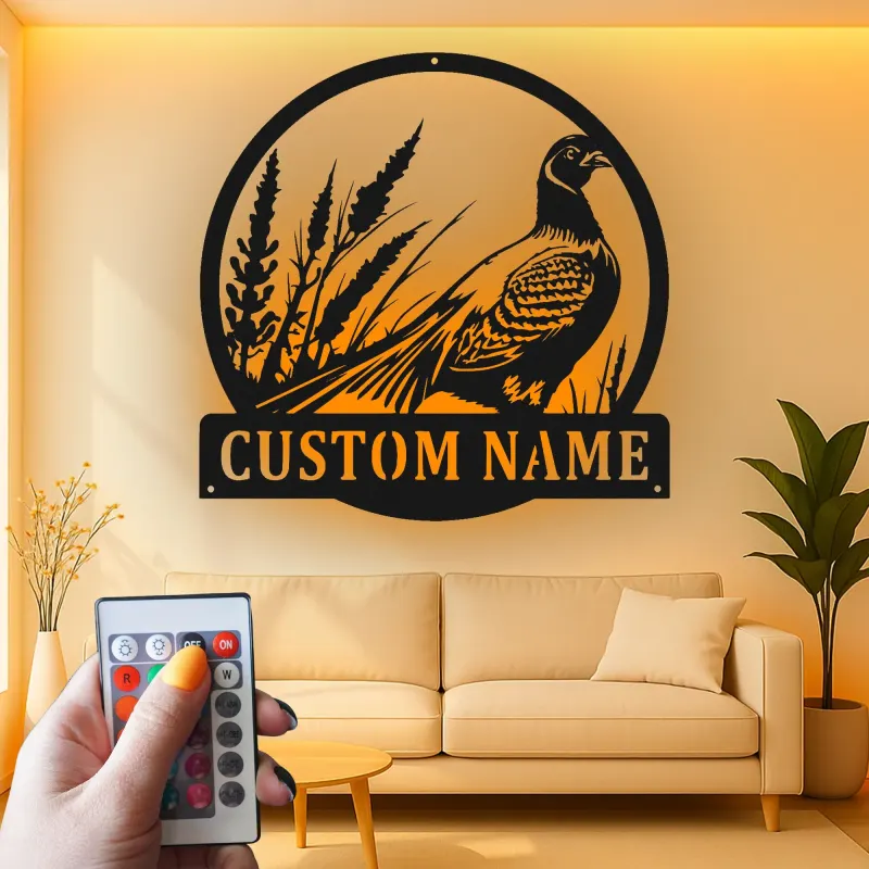 Insegna in Metallo Pheasant | Regalo Personalizzato per Cacciatori con Insegna LED con Nome | Decorazione per Cabina & Lodge