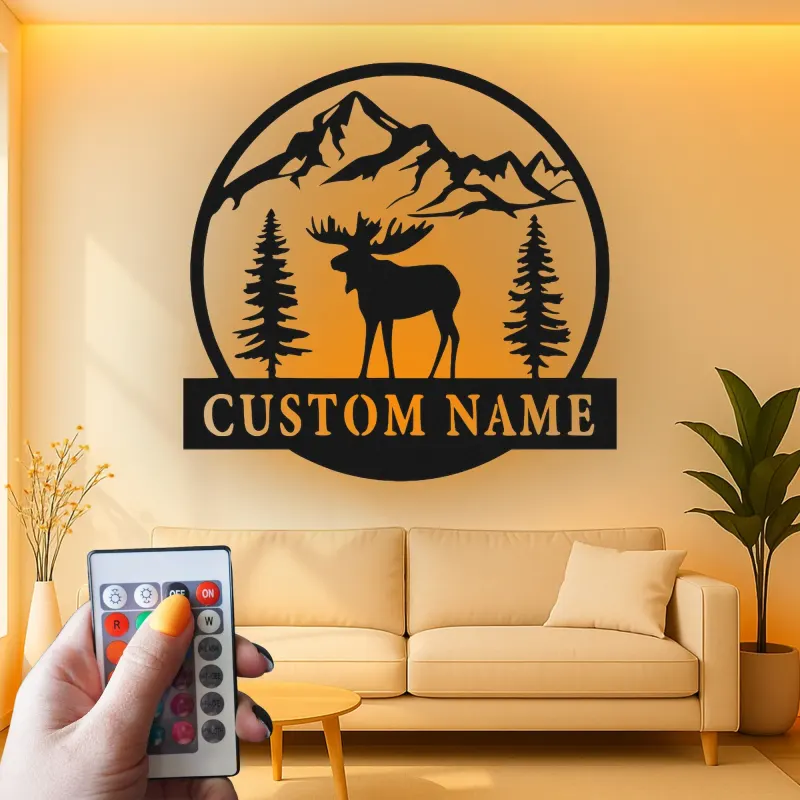Panneau en métal personnalisé avec élan | Décoration murale LED pour chalet | Cadeau rustique de lodge et de chasseur