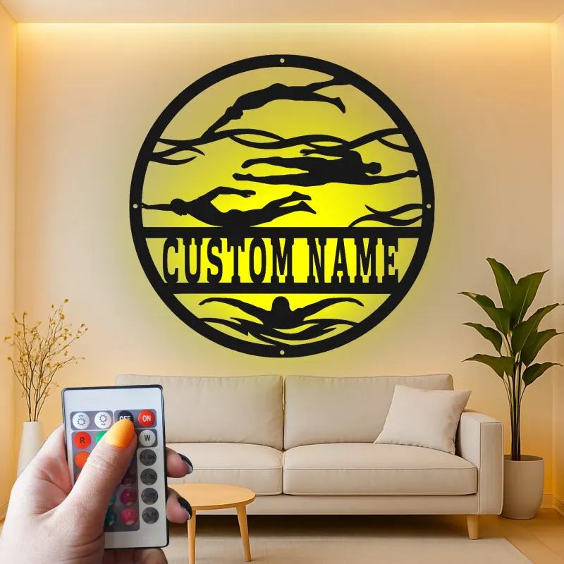 Custom Swimmer LED Metal Sign | Personalized Athlete Wall Art | Competitive Swimming Decor | Swim Team Coach Gift