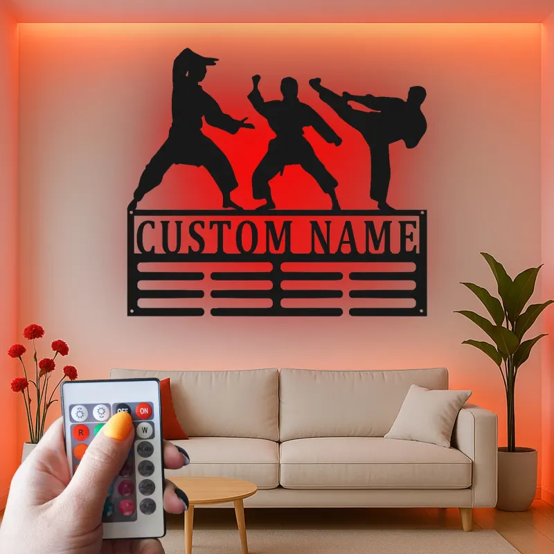 Expositor personalizado de cinturones de karate | Cartel LED personalizado de artes marciales | Decoración mural de metal para dojo | Regalo para cinturón negro