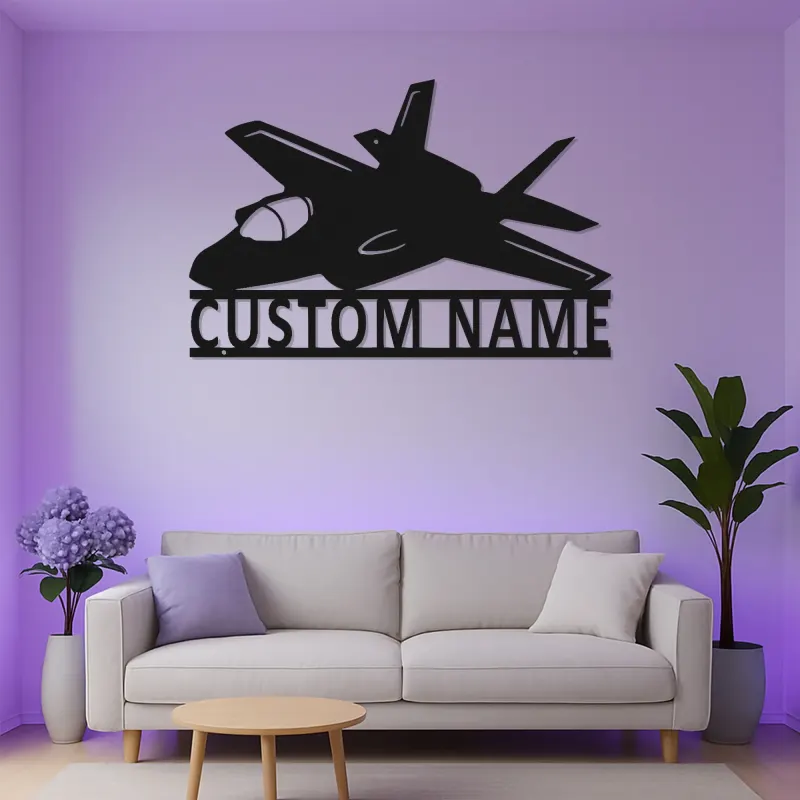 Insegna LED a forma di jet da combattimento personalizzata | Arte da parete in metallo per aviazione | Regalo personalizzato per piloti | Decorazione per rifugi maschili di aerei militari