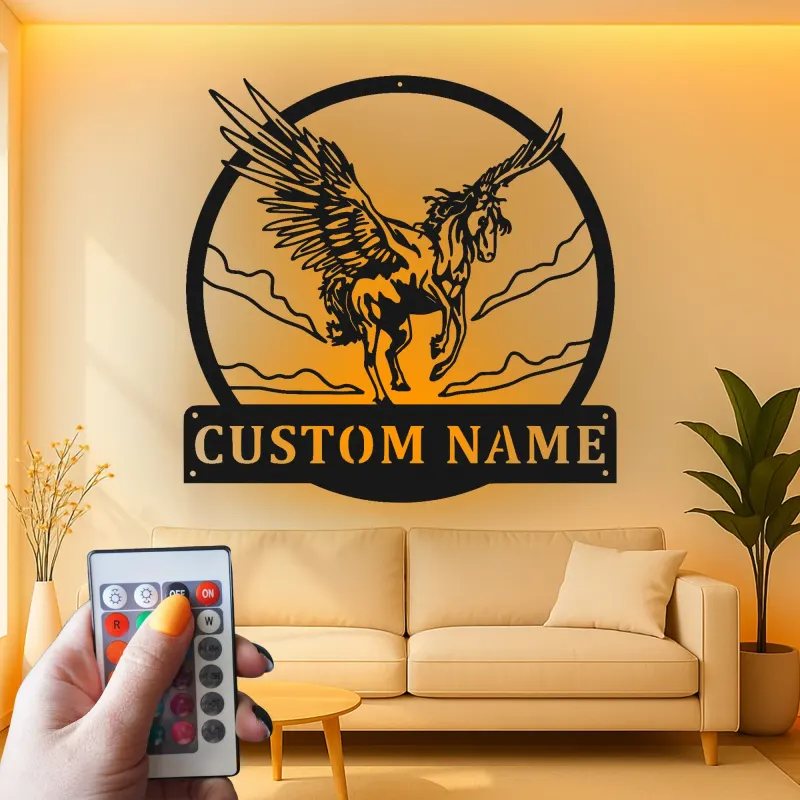 Décoration murale en métal LED Pégase | Enseigne de nom personnalisée pour nursery & chambre | Décor de cheval ailé mythique | Cadeau pour amateur de fantasy