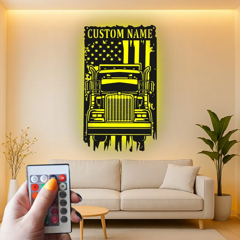 Décoration murale en métal LED personnalisée avec drapeau américain - Cadeau pour camionneurs, décoration de garage ou de coin masculin