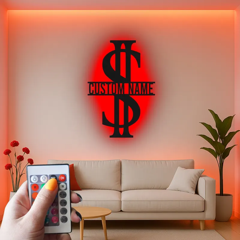 Décoration murale en métal personnalisée en forme de signe dollar avec rétroéclairage LED - Cadeau personnalisé pour entrepreneurs - Décor de bureau ou de salle de loisirs