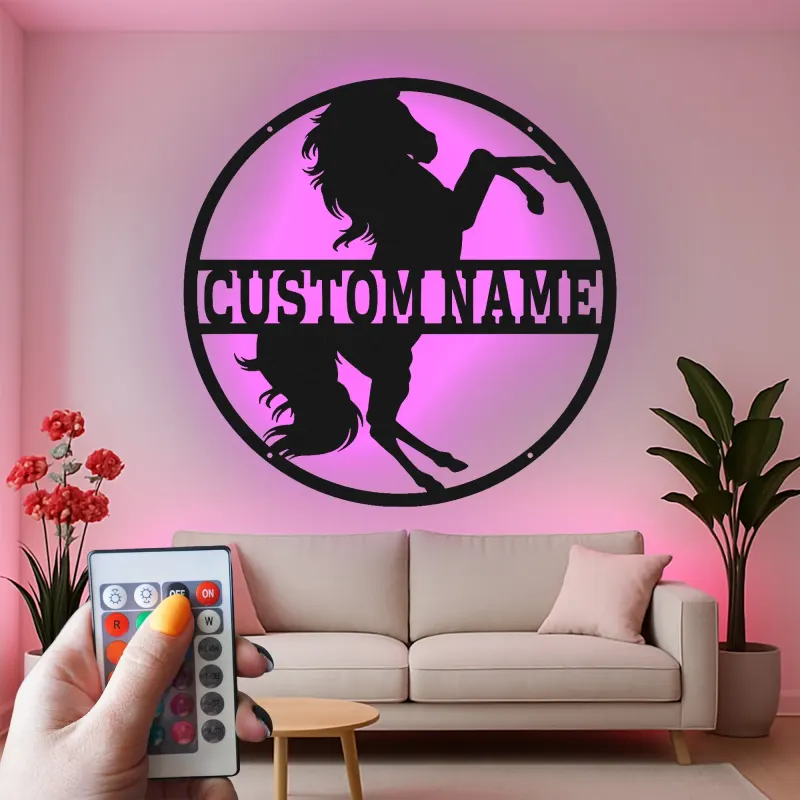 Plaque cheval en métal personnalisée | Décoration murale LED sur mesure pour grange et écurie | Cadeau équestre