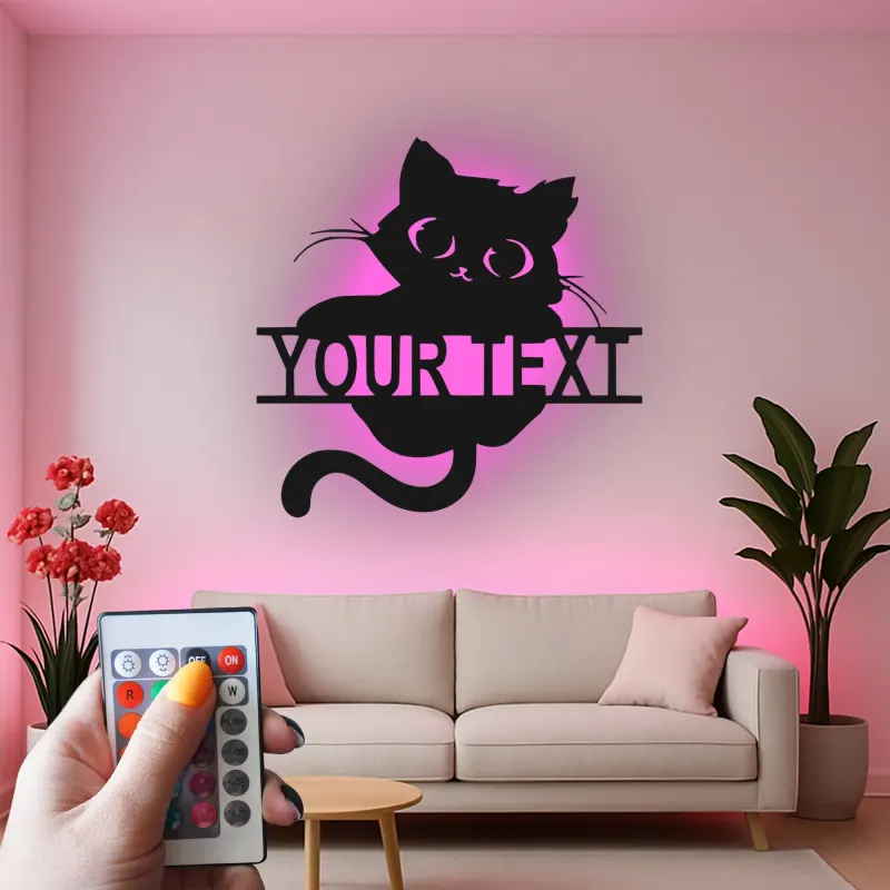Insegna in metallo personalizzata con silhouette di gatto e luce LED regalo per amanti degli animali decorazione per soggiorno o camera da letto