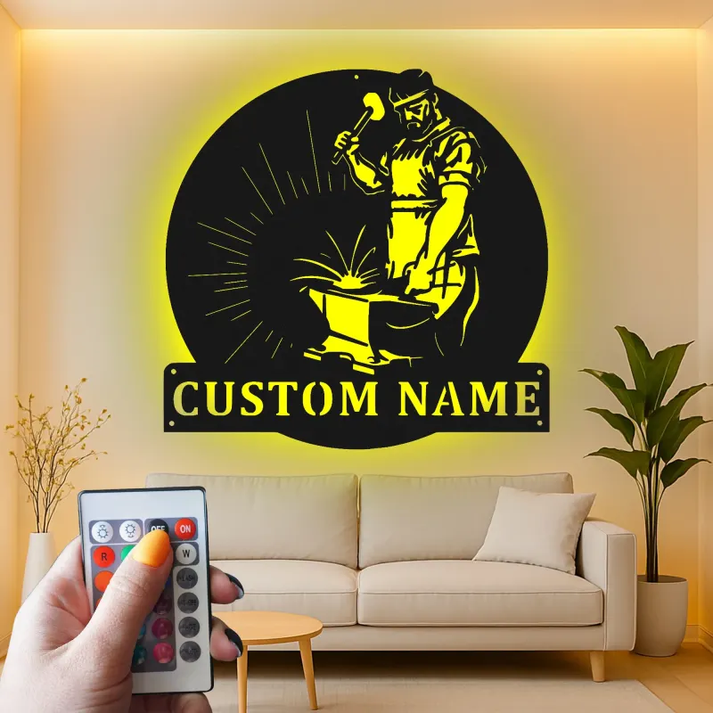 Décoration murale en métal personnalisée pour forgeron avec rétroéclairage LED - Cadeau pour artisans