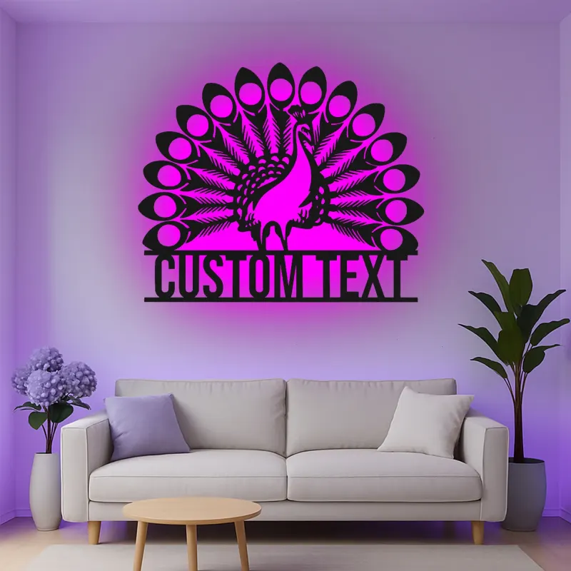 Cartel de metal personalizado con luz LED de pavo real, regalo para decoración del hogar, acento para salón o dormitorio