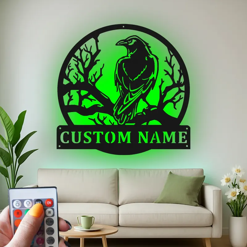Custom Raven Metal Sign with LED | Personalized Gothic Bird Wall Art | Backlit Wildlife Decor for Entryway